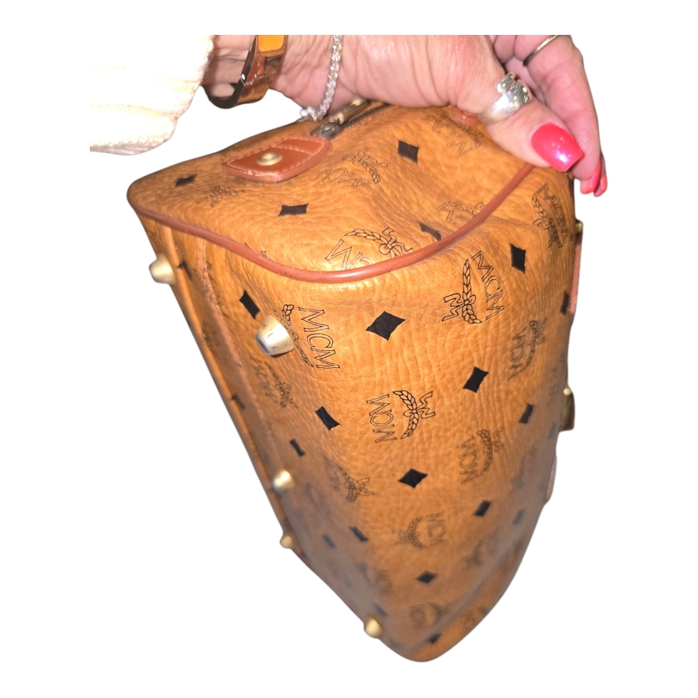 MCM Vintage Monogram Logo Visetos Boston Bag Tan Leather PVC Handbag, WI… - Picture 10 of 17